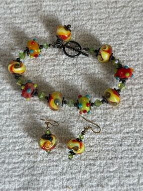 Handmade Yellow Multicolor Lampwork Bead Bracelet & Earrings Set
